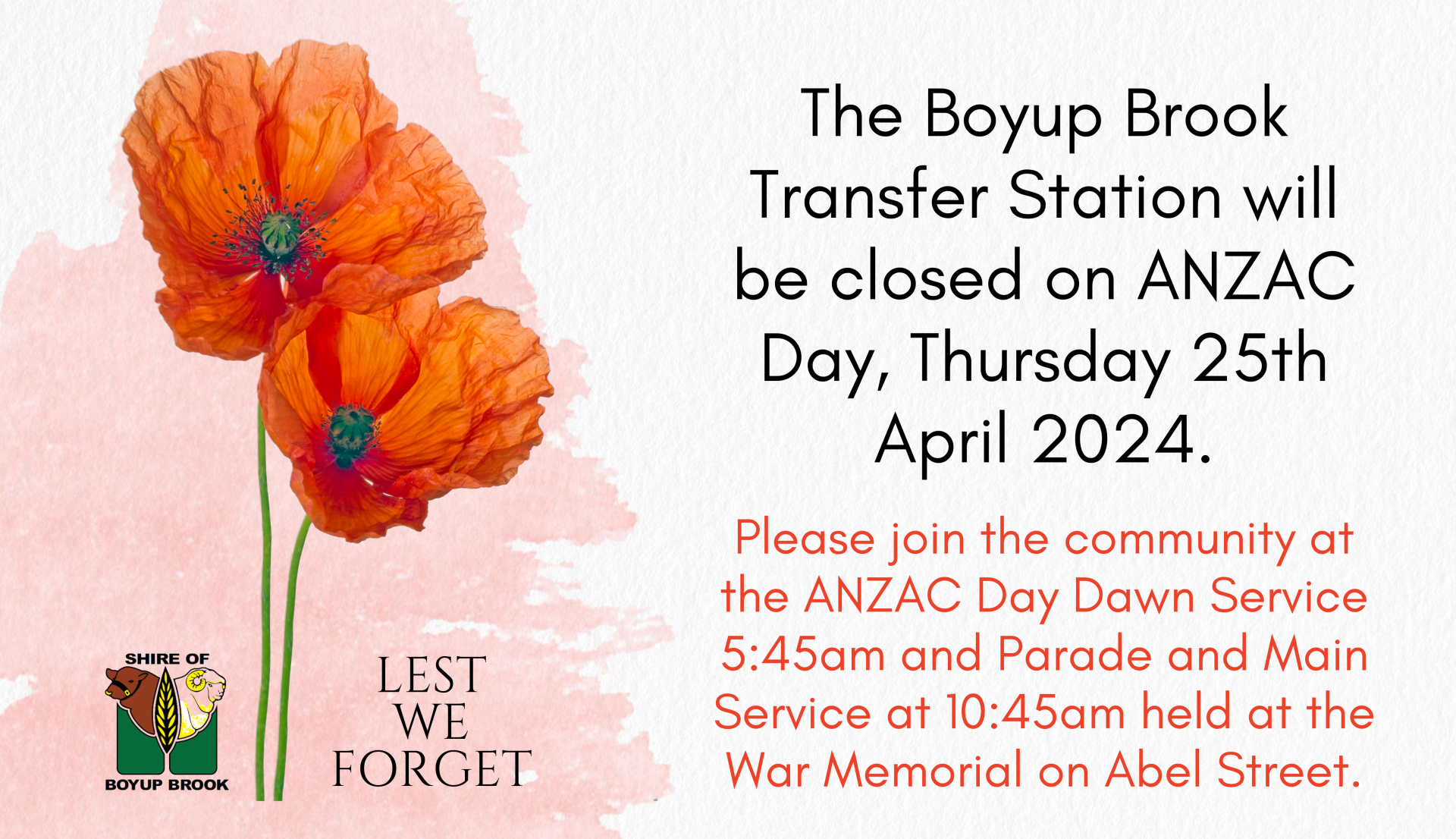 Transfer Station Closed ANZAC Day